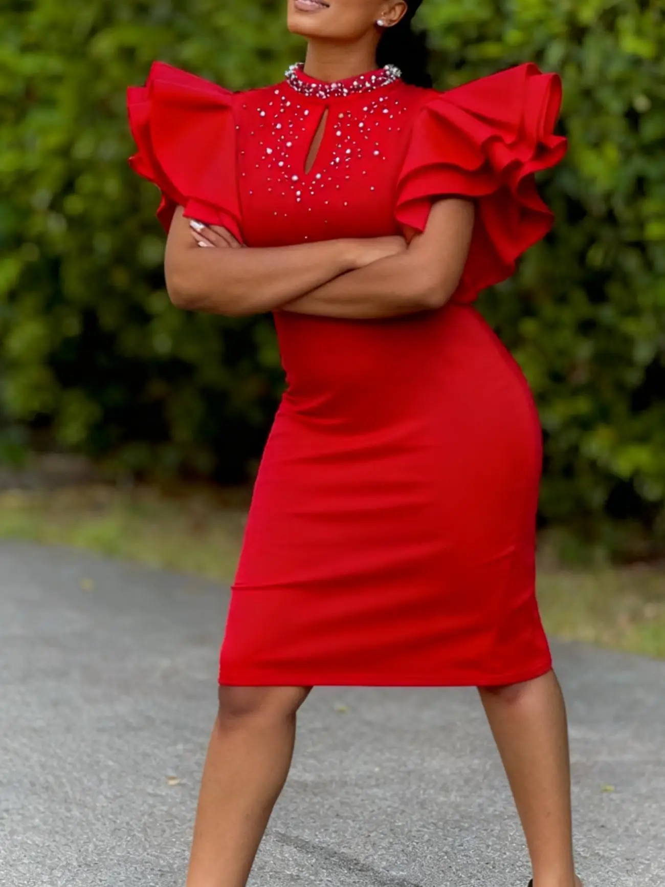 Elegant Plus Size Women's Pearl Embellished Bodycon Dress