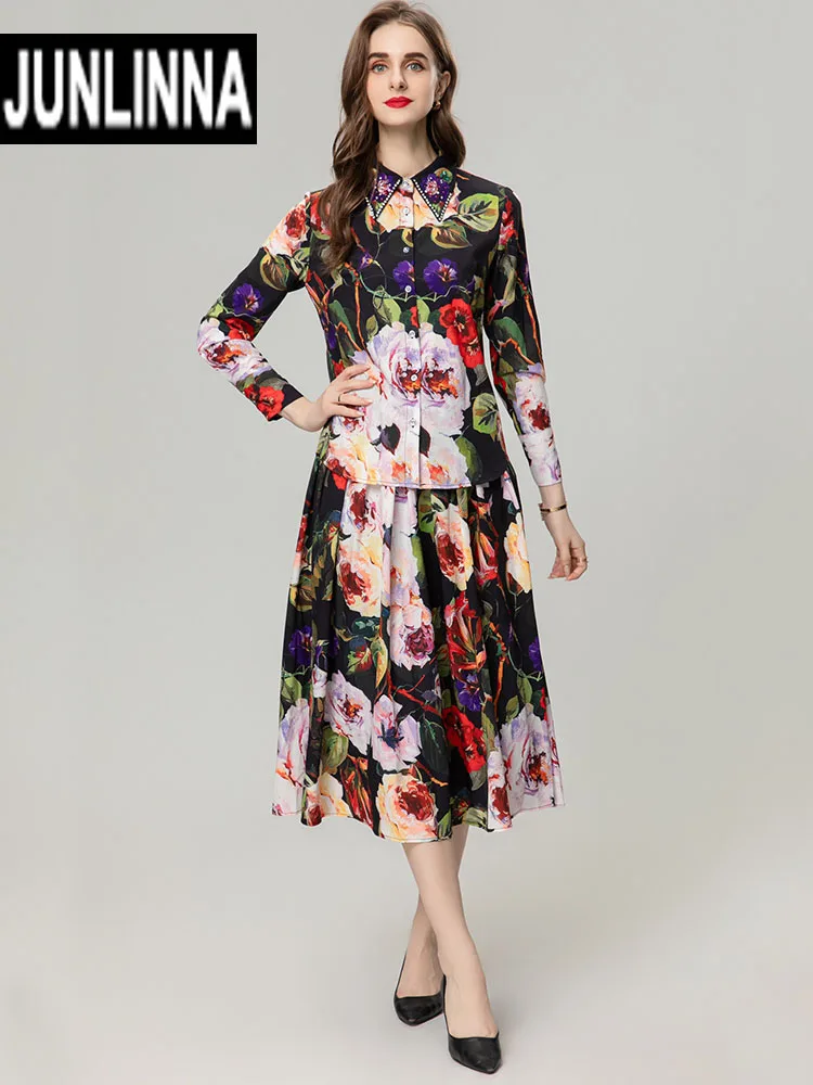 

JUNLINNA Spring Autumn Two Piece Set Fashion Printing Turn-down Collar With Beading Shirt+Half Dress Street Skirt Suit