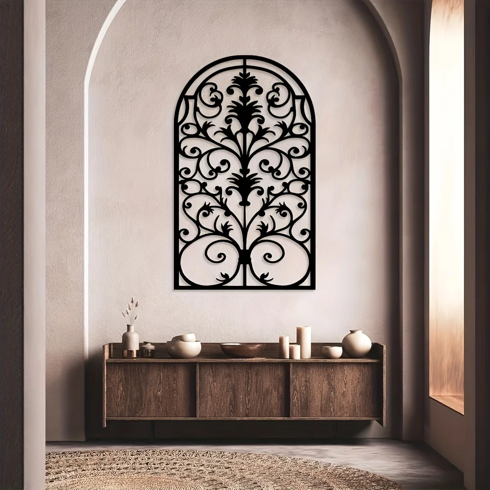 1pc Gothic Arch Metal Wall Art, Ornate Baroque Iron Window Decor with Intricate Scrollwork Floral Motifs, Decorative Privacy Scr