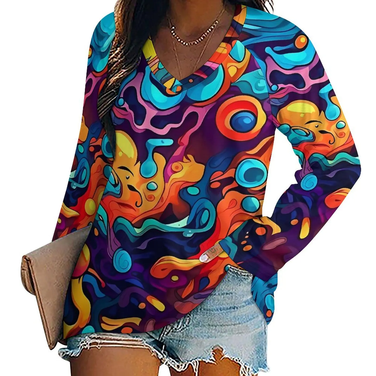 Abstract Graffiti Doodle Print T Shirts  Cute T-Shirt Womens Long-Sleeve Streetwear Tops Oversized V Neck Custom Tees