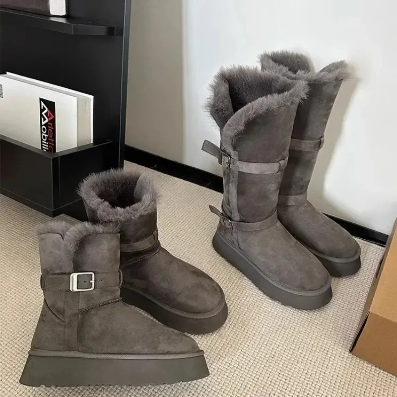 

2025 Hot Selling High Quality Winter Edition Grey Buckle Thick Bottom Fury Flanged Warm Cotton Shoes Mid Length Snow Boots