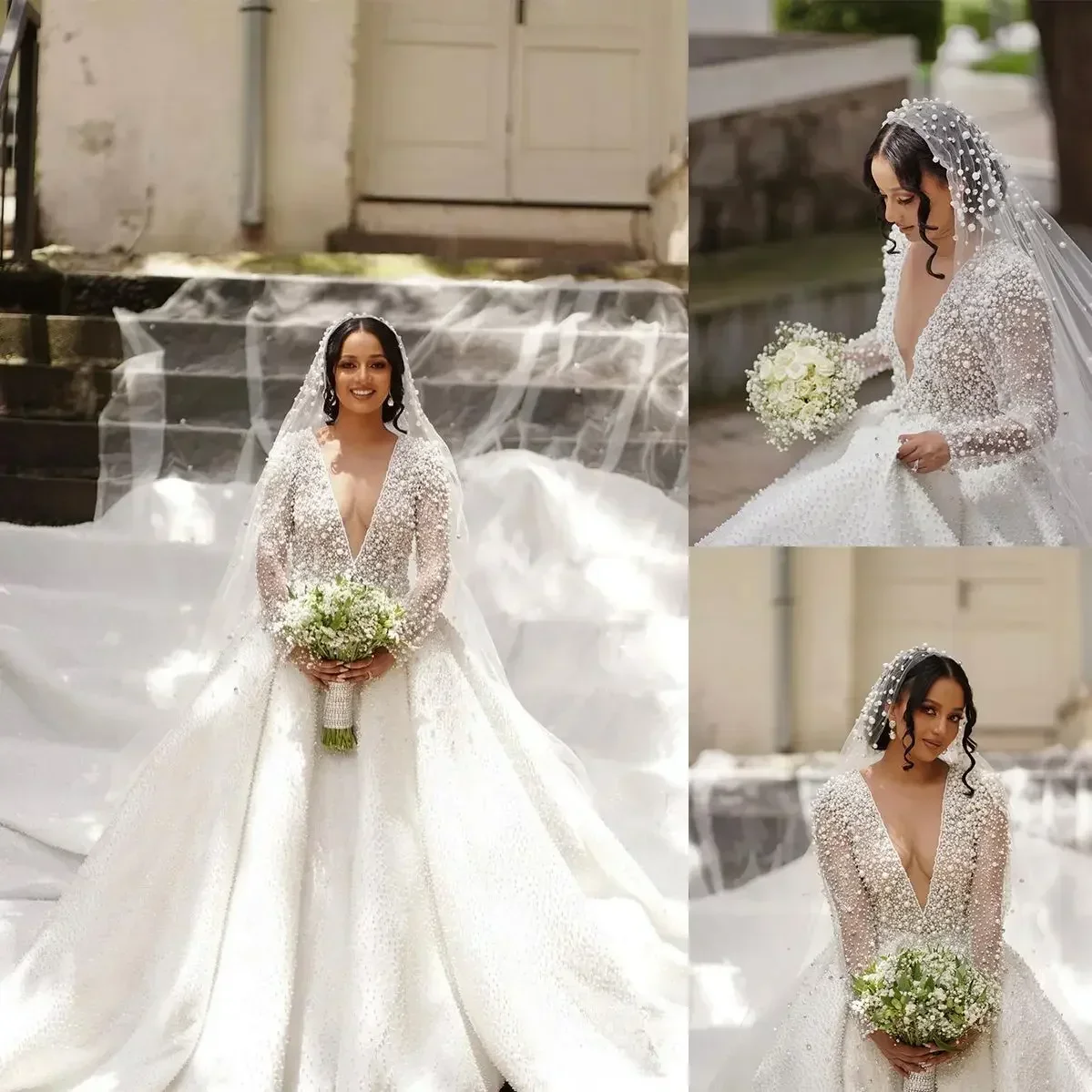 Customized Luxury Deep V Neck See Through Heavy Pearls Wedding Dresses Cathedral Train Illusion Long Sleeves Vestidos De Novia