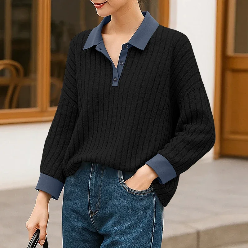 女性エレガントなニットシャツ ZANZEA ラペルカジュアルパッチワークファッショントップス 2026 春長袖 Tシャツブラウスルーズ Blusas プルオーバー