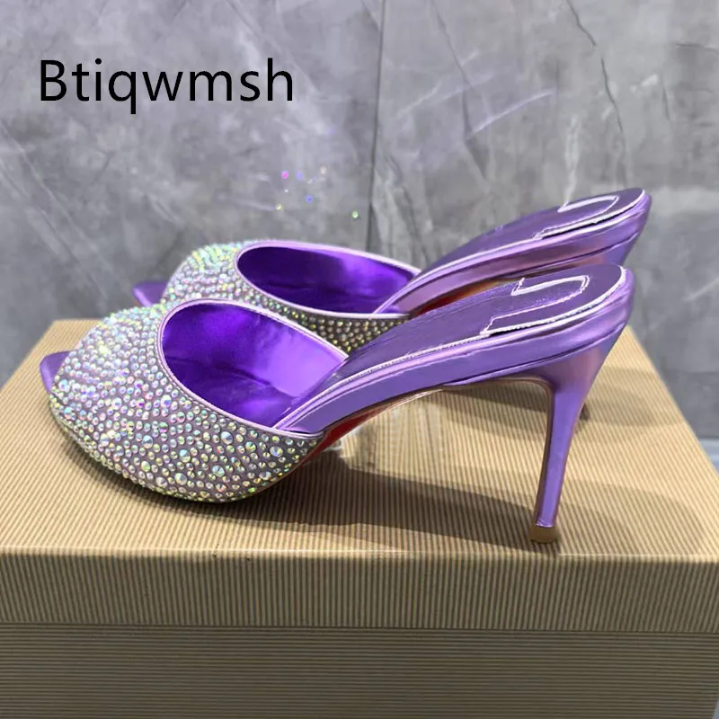 

Фиолетовые сандалии со стразами, женские туфли-лодочки с открытым носком на тонком высоком каблуке, женская пикантная обувь для вечеринок