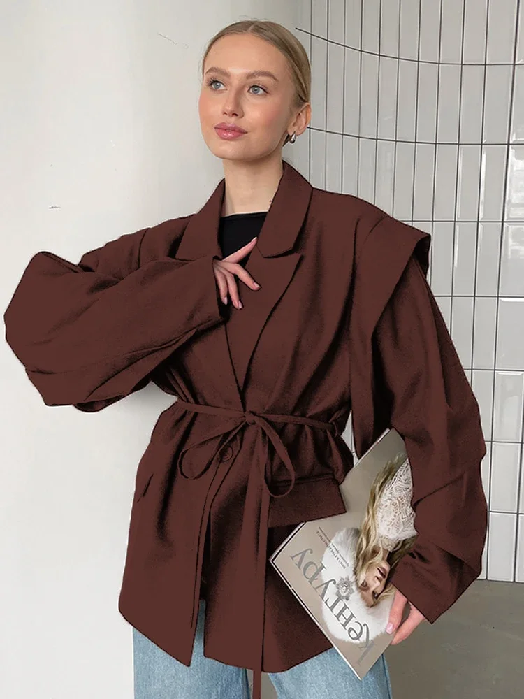 Fashion Solid Lace Up Blazer Women Lapel One Button Loose Waist Cinching Short Coat Autumn Office Lady Commute Outerwear 2026
