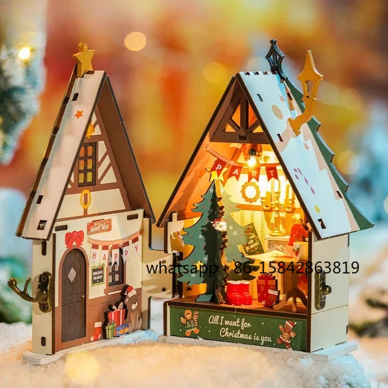 ハッピークリスマスハウス手作りコテージミニチュアシーン森組み立て式ブロックハウス