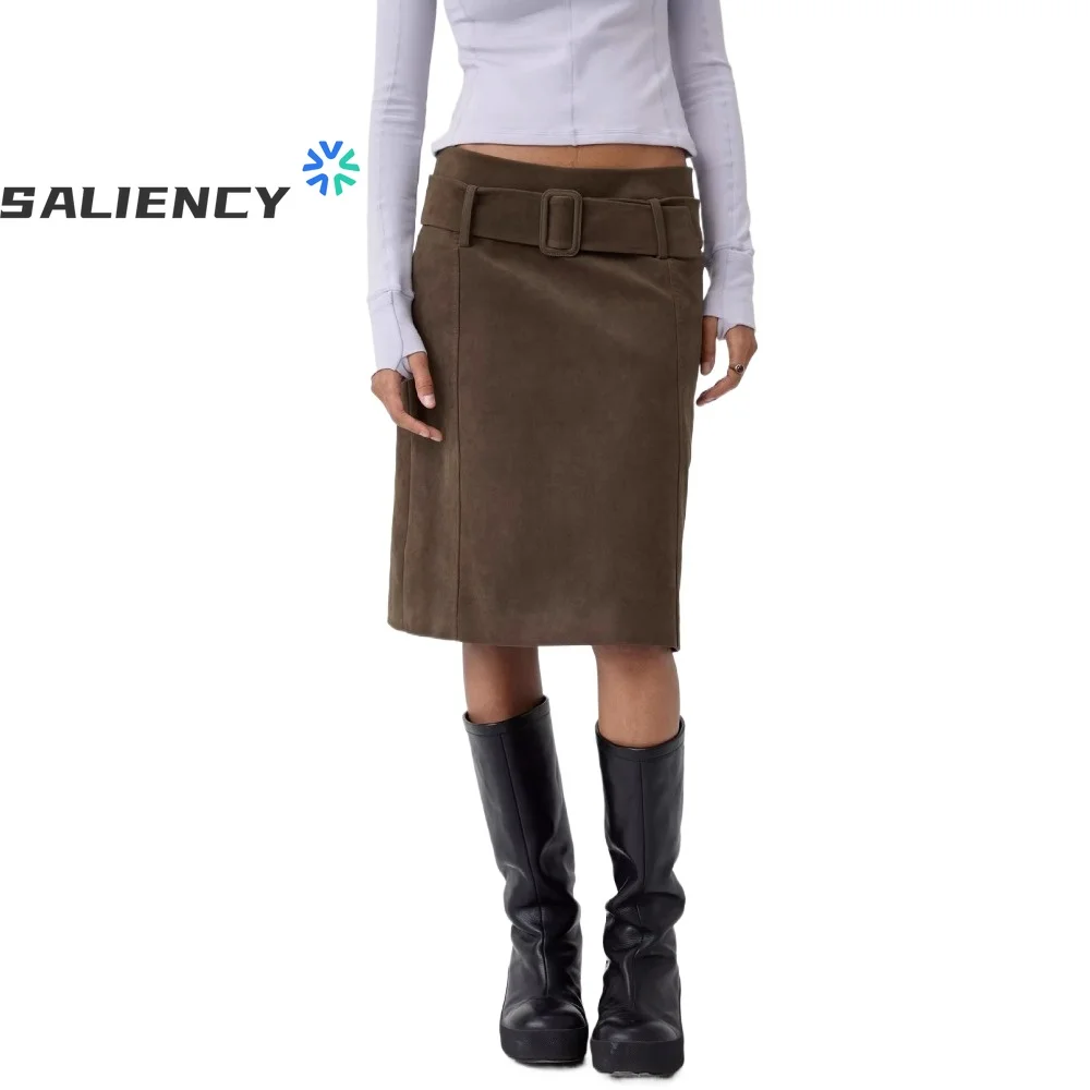 SALIENCY Retro High Grade Suede Midi Skirt for Women Autumn Vintage A Line Brown Maxi Skirts Winter Warm Suede Skirts