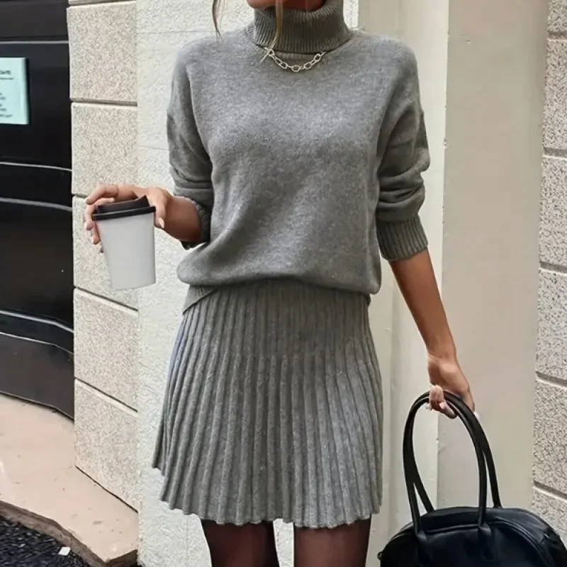

European and American Women's Winter New Casual Fashion High Neck Knitted Long Sleeve Short Skirt Two-Piece Set
