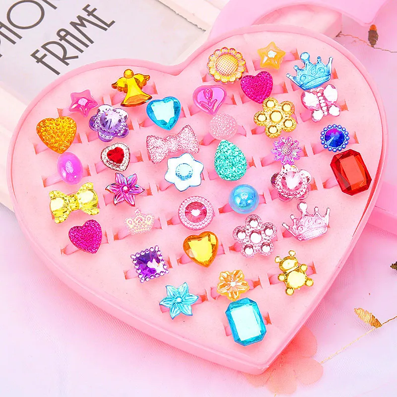 36pcs Little Girl Adjustable Rings in Box Kids Jewelry Rings Set with Heart Shape Display Case Girl Pretend Play and Dress up