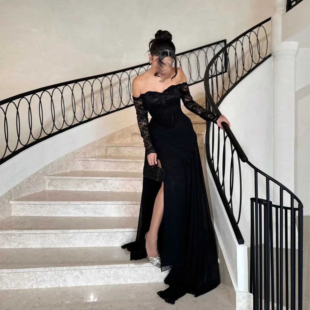 

ROYET Classic Simple Strapless Off The Shoulder Full Sleeve Mermaid Evening Dress High Slit Floor Length Long Prom Gown New