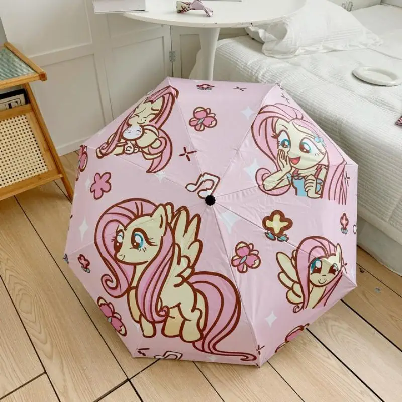 Mini-My Little Pony Cartoon Folding Sun Umbrella, protetor solar automático, duplo uso, bonito UV, presente meninas