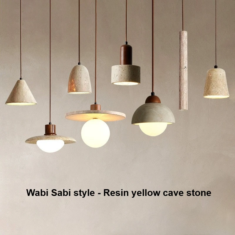 

Подвесной светильник Wabi-Sabi в японском стиле из смолы и камня, светодиодная люстра из желтого травертина для спальни, гостиной, ресторана, E27