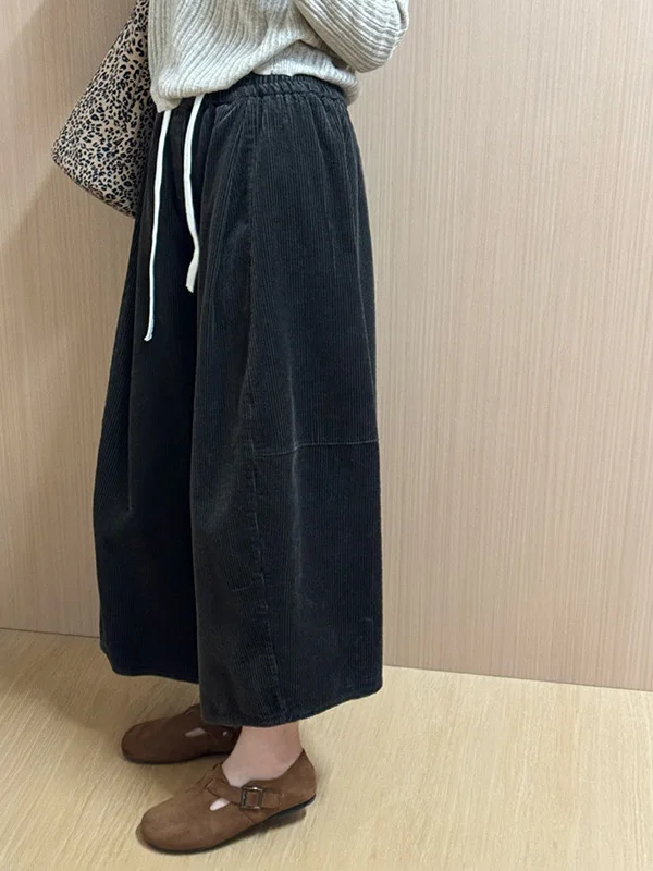 韓国風秋冬新作プラスサイズレディースハイウエストストレートレッグコーデュロイパンツエレデザインワイドレッグパンツ