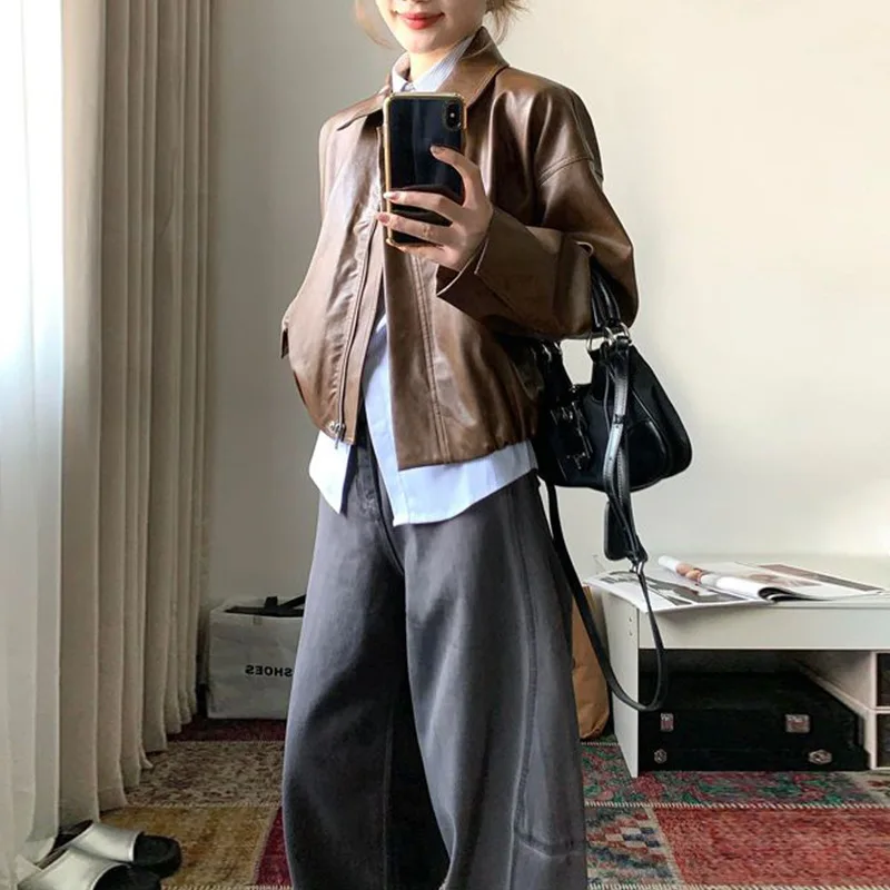 Brown Leather Jacket Women's New Jacket for Autumn 2025 High-end Short Short Jacket Is Popular This Year