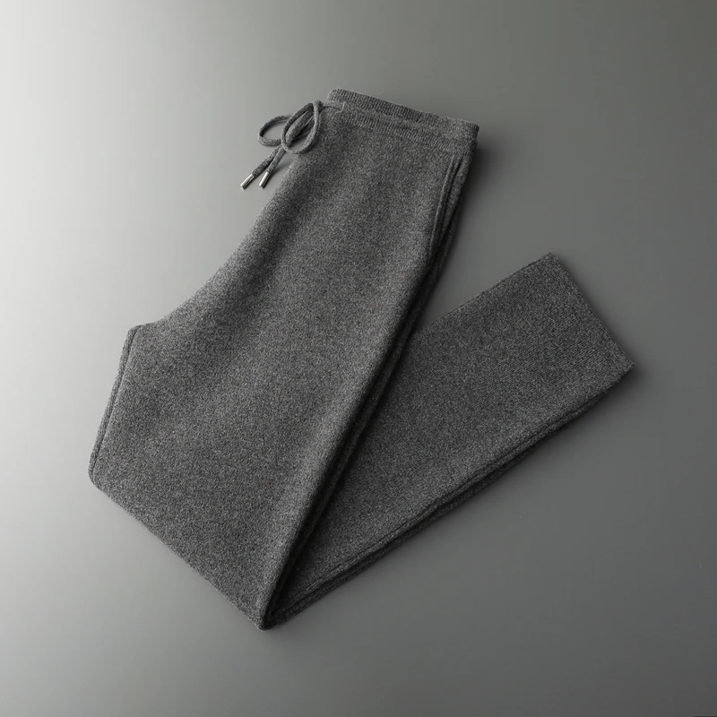 New 100% pure wool men's padded warm casual wide-leg pants knitted cashmere trousers in autumn and winter.