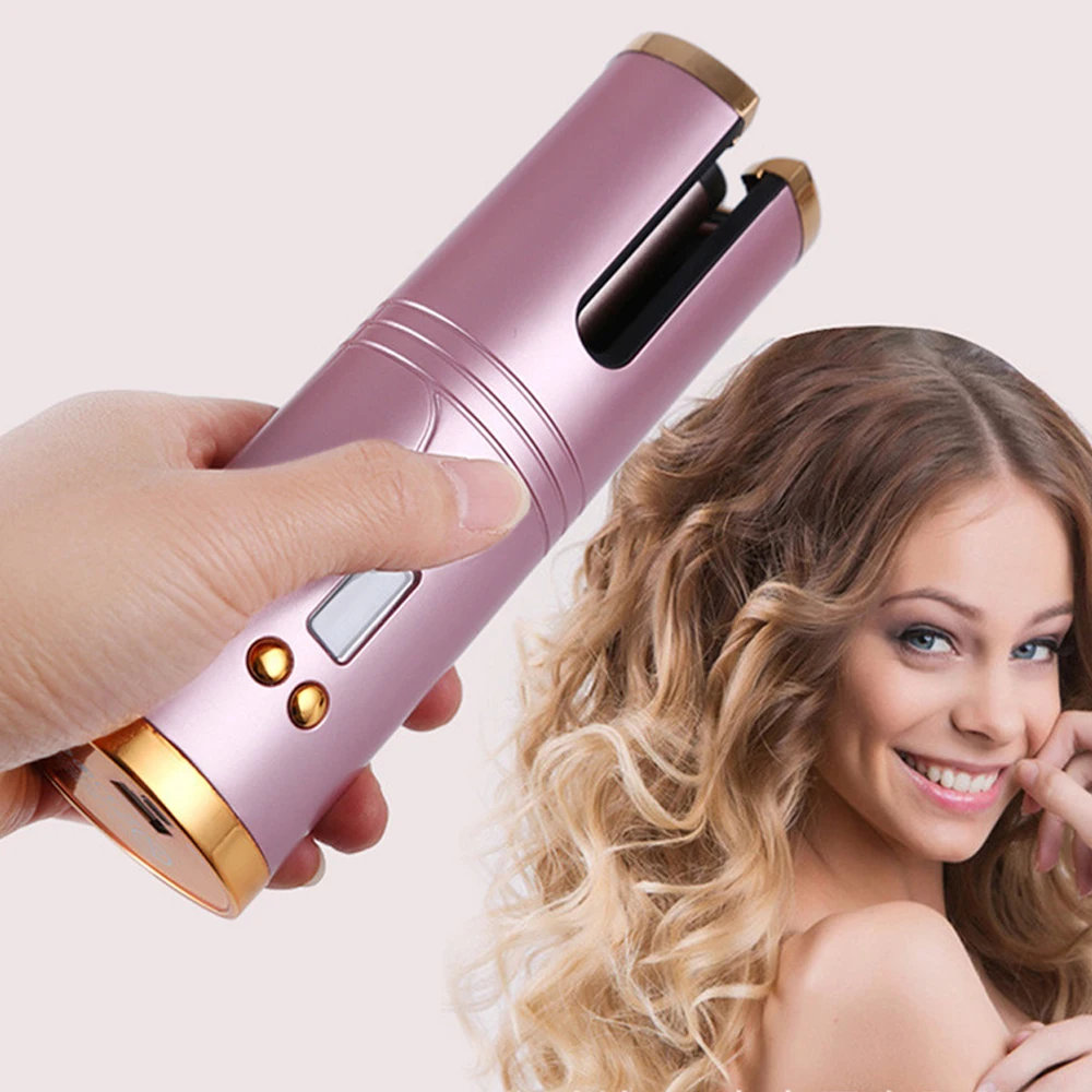 Wireless Automatic Hair Curler Cordless Rotating USB Rechargeable Curling Iron Display Temperature Adjustable Timing Hair Curler