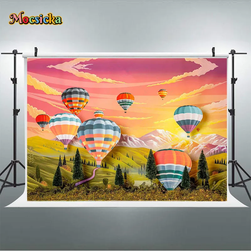 ลูกโป่งลมร้อนสีสันสดใสพื้นหลังสำหรับถ่ายภาพลูกโป่งสีสันสดใสสีเขียวตกแต่งงานปาร์ตี้ภาพเหมือนเด็ก