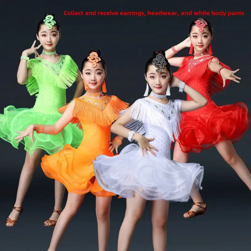 

Advanced Bright Diamond Tassel Style Girls' Latin Dance Practice and Grading Competition Fluffy Gauze Dress Performance Costume