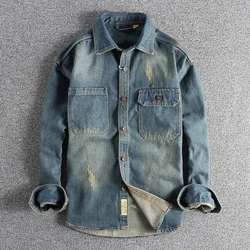 Sping New Japanese Retro High Quality Denim Cargo Shirt Men's Fashion 100% Cotton Washed Old Thick Double Pocket Casual Jacket