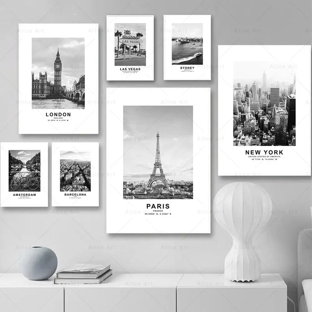Paris London New York Budapest Travel Posters Print Black and White Wall Art Canvas Painting Wall Picture Living Room Home Decor