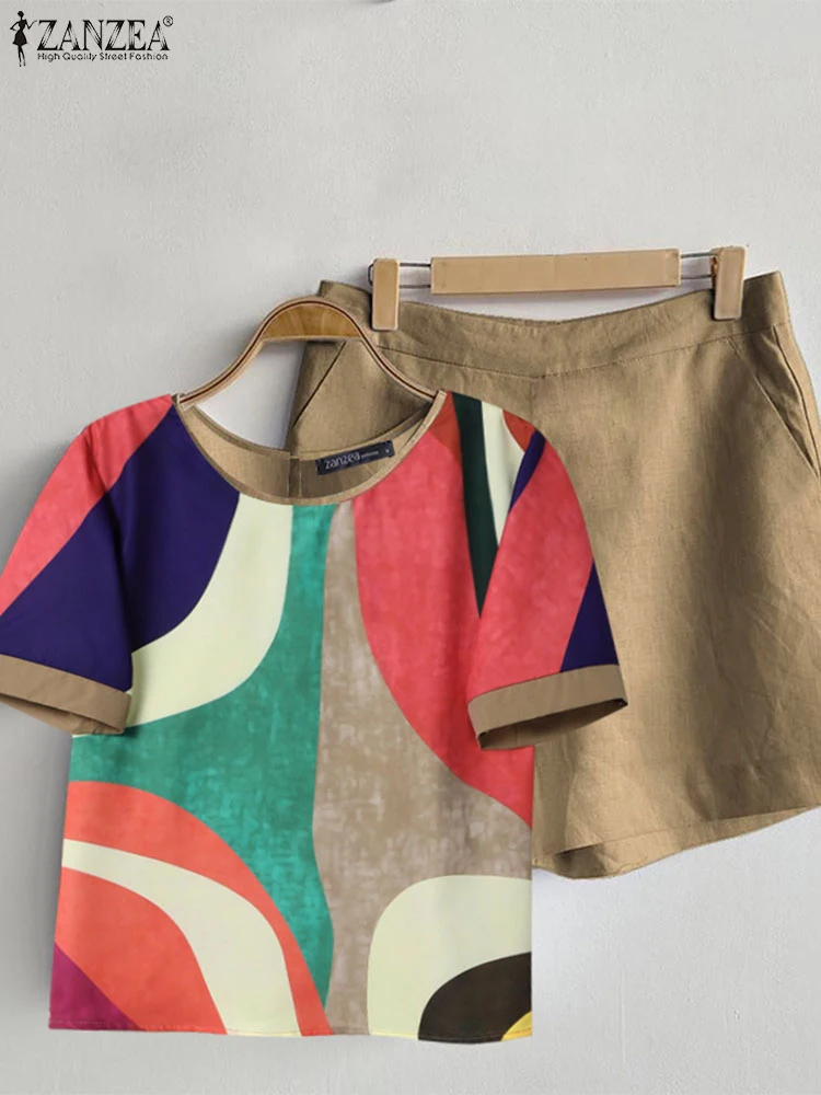 ZANZEA Casual Printing Tops Suits  Women 2024 Summer Outfits Elegant Holiday 2pcs Sets Korean Fashion Loose Pockets Short Sets