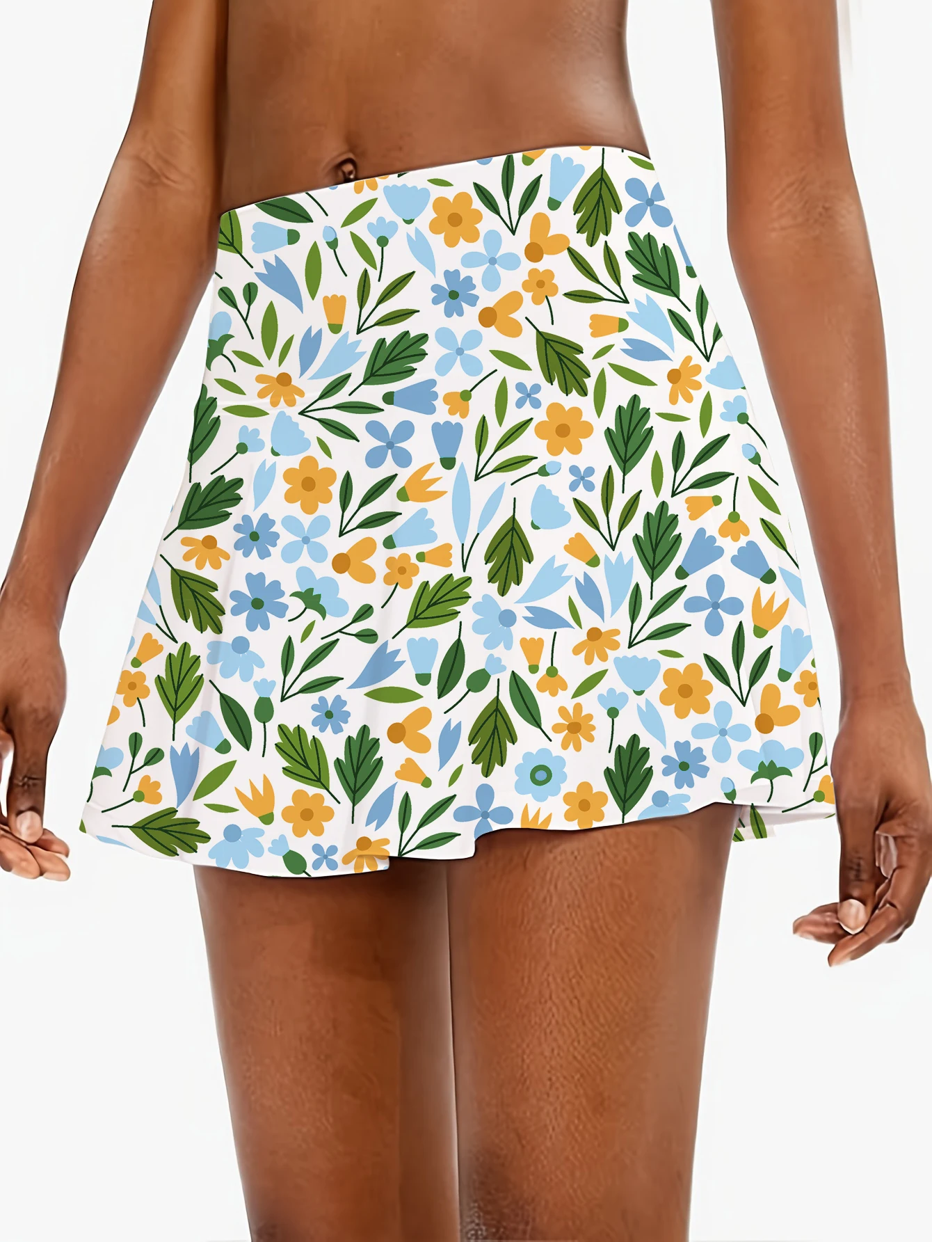 กระโปรงมินิเอวสูงพิมพ์ลายสีขาวสําหรับเด็กผู้หญิงพร้อมกางเกงขาสั้นในตัวกระโปรงกระเป๋ายางยืดลําลองสไตล์โบฮีเมียน