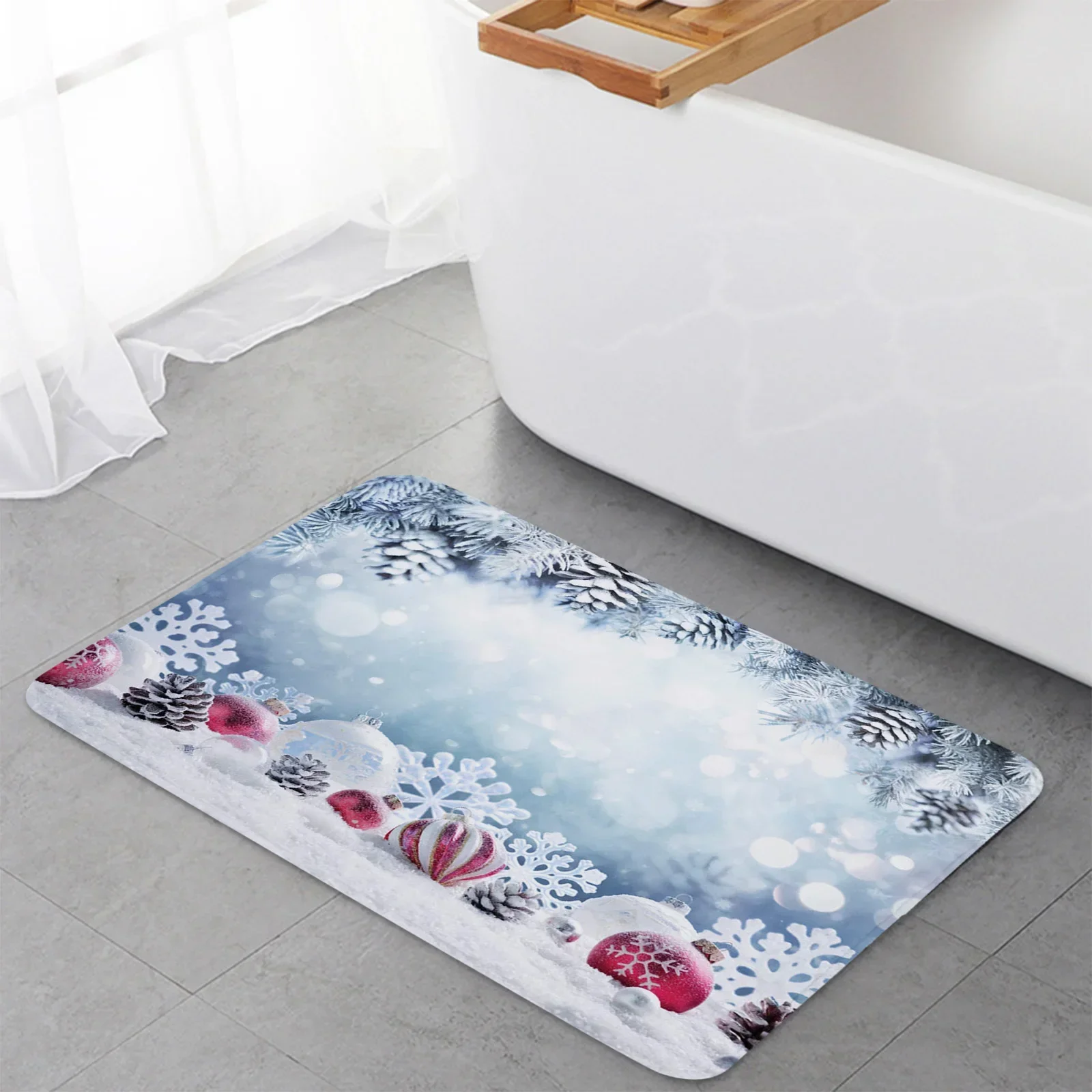 Christmas Snow Snowflakes Leaves Pine Cones Decoration Kitchen Doormat Bedroom Bath Floor Carpet Door Mat Area Rugs Home Decor