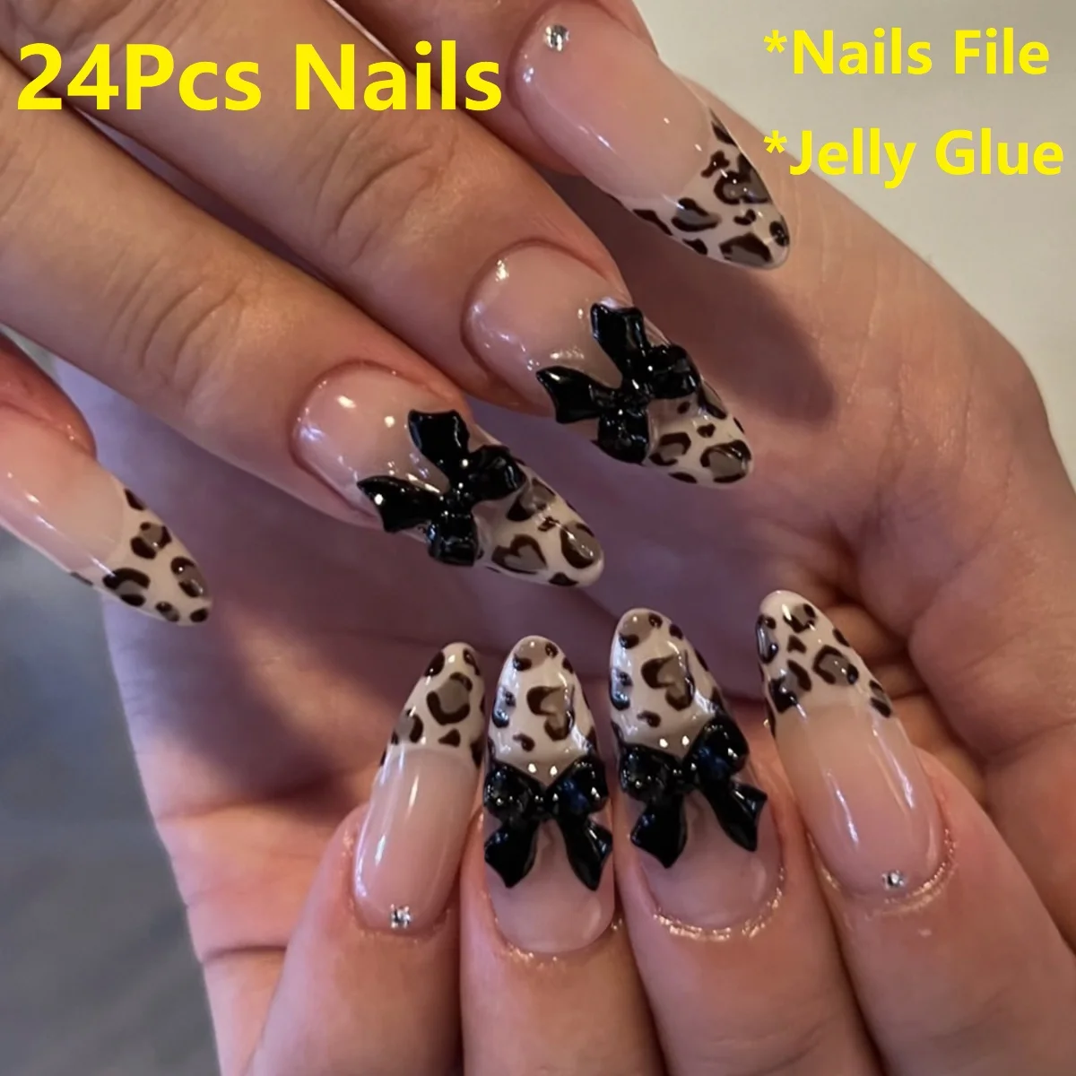 

24Pcs Leopard Print Fake Nails Black Bow Press on Long Almond with Rhinestone False Nails Wearable Finished Fingernails Nail Art