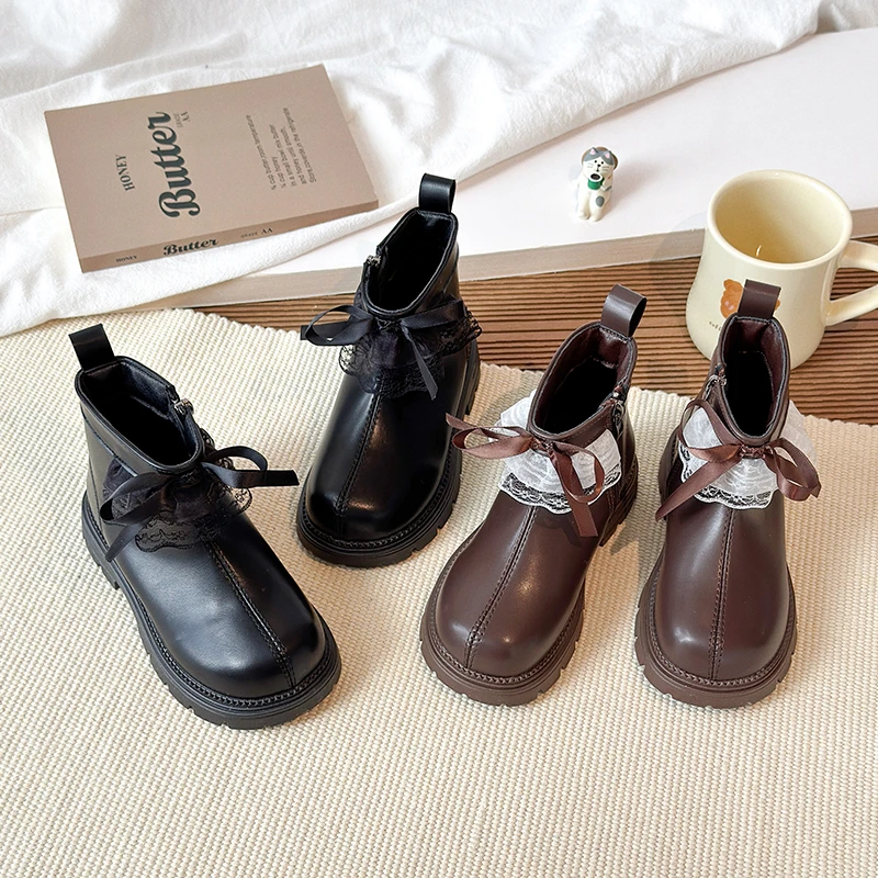 

Детские ботильоны для девочек, новинка 2023 года, зимние детские флисовые кожаные ботинки с кружевным бантом, нескользящие школьные праздничные ботинки принцессы для девочек