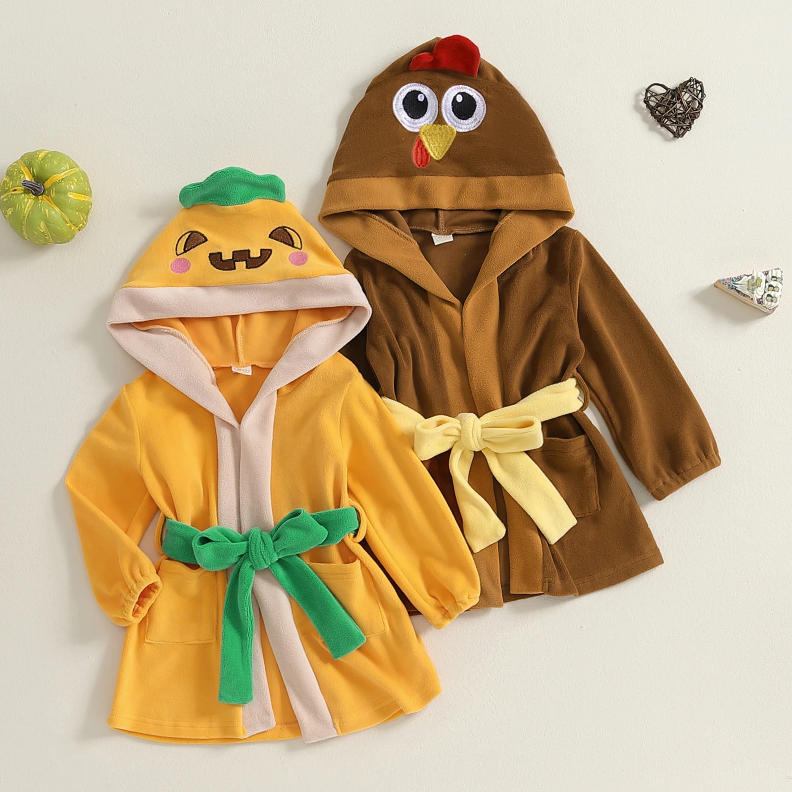 Boy Girl Halloween Bathrobe with Belt Cartoon Pumpkin/Chick Print Plush Long Sleeve Hooded Robe