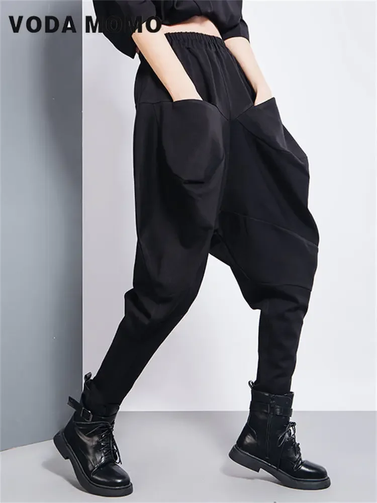 Spring Big Pockets Spliced Irregular Trend Elastic High Waist Women New Loose Wide Leg Haren Pants Streetwear Casual Joggers