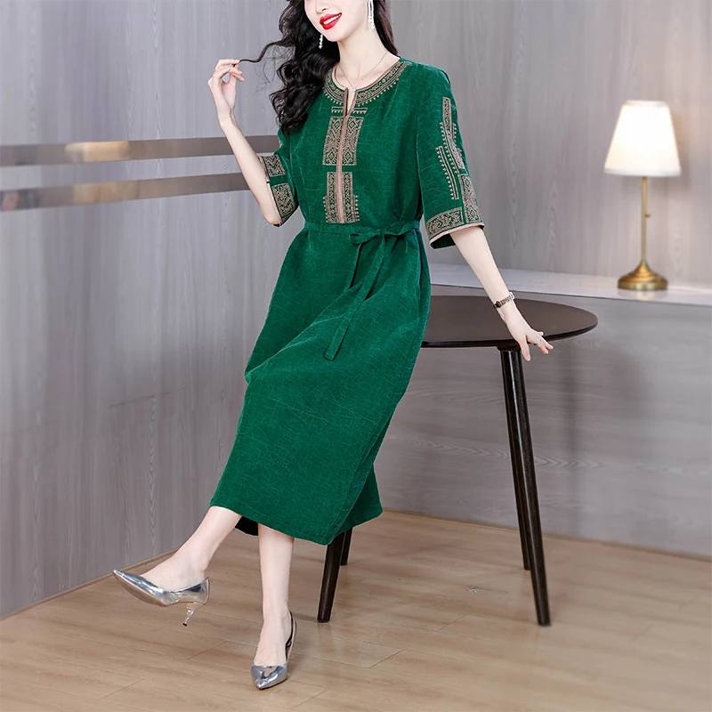 여름 정장 행사 실크 새틴 럭셔리 미디 드레스 여성 빈티지 자수 비치 보헤미안 드레스 2025 우아한 캐주얼 파티 드레스