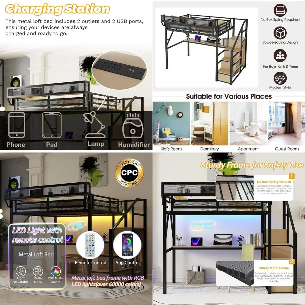 

Черная высокая кровать-чердак со столом, светодиодной подсветкой, лестницей и местом для хранения для детей и подростков - не требует пружинного основания