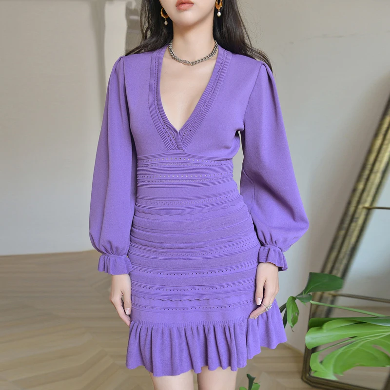 Autumn/Winter Women's Knitted Dress Temperament Slim Lantern Sleeve V-Neck Dress Hollow out High Waist Mini Dress