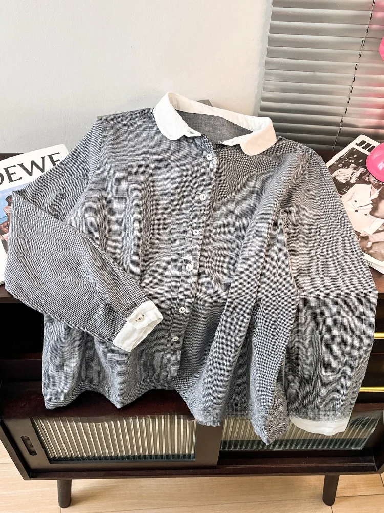 

Spring 2025 Women's Plaid irt Vintage Sle Long Sve Doll Collar Base Layer Top Loose Fit Button Detail Other Material