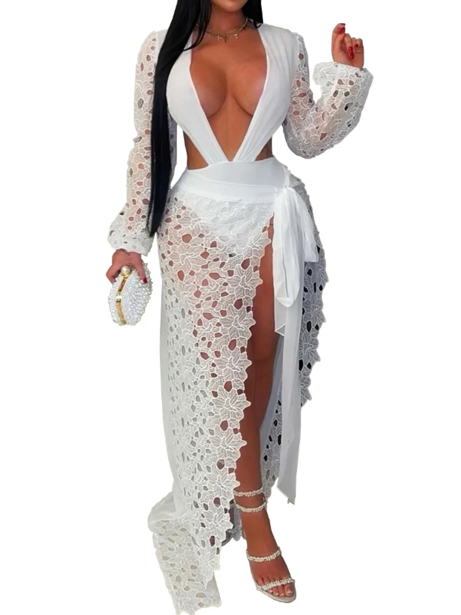 

Women Sheer Mesh Lace Deep V Neck Cutout Bodysuit and Split Party Club Skirts Set