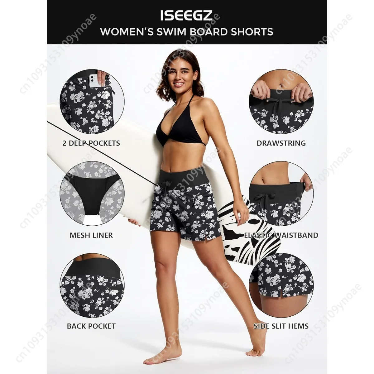 Vintage kwiatowy Print damskie szybkoschnące spodenki surfingowe solidne rozciągliwe bikini do pływania Retro strój kąpielowy majtki z kieszeniami moda