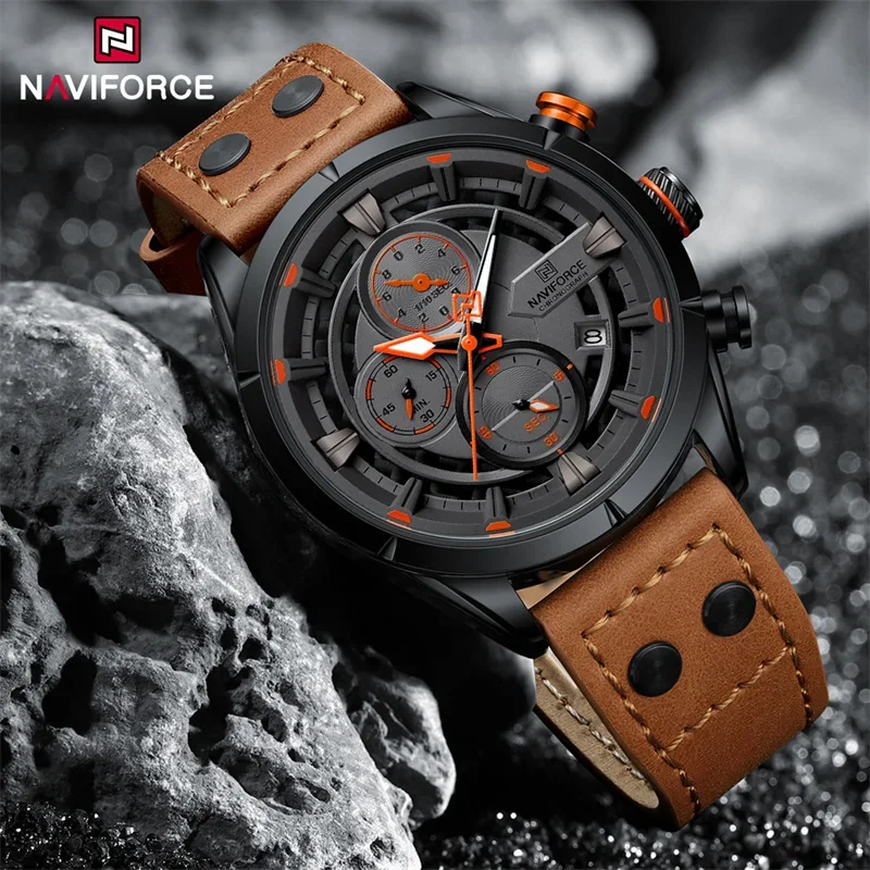 NAVIFORCE, reloj informal para hombre, moda de lujo, resistente al agua, correa de cuero genuino, cronógrafo masculino, reloj de pulsera de cuarzo,