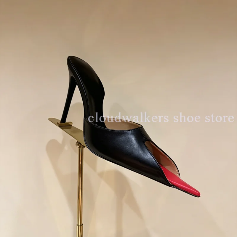 

Niche Black Red Color Block Pointed Toe V-Shaped Cutout Strange Mules Matte Soft Leather Slip On Stiletto Slippers Daily Commute