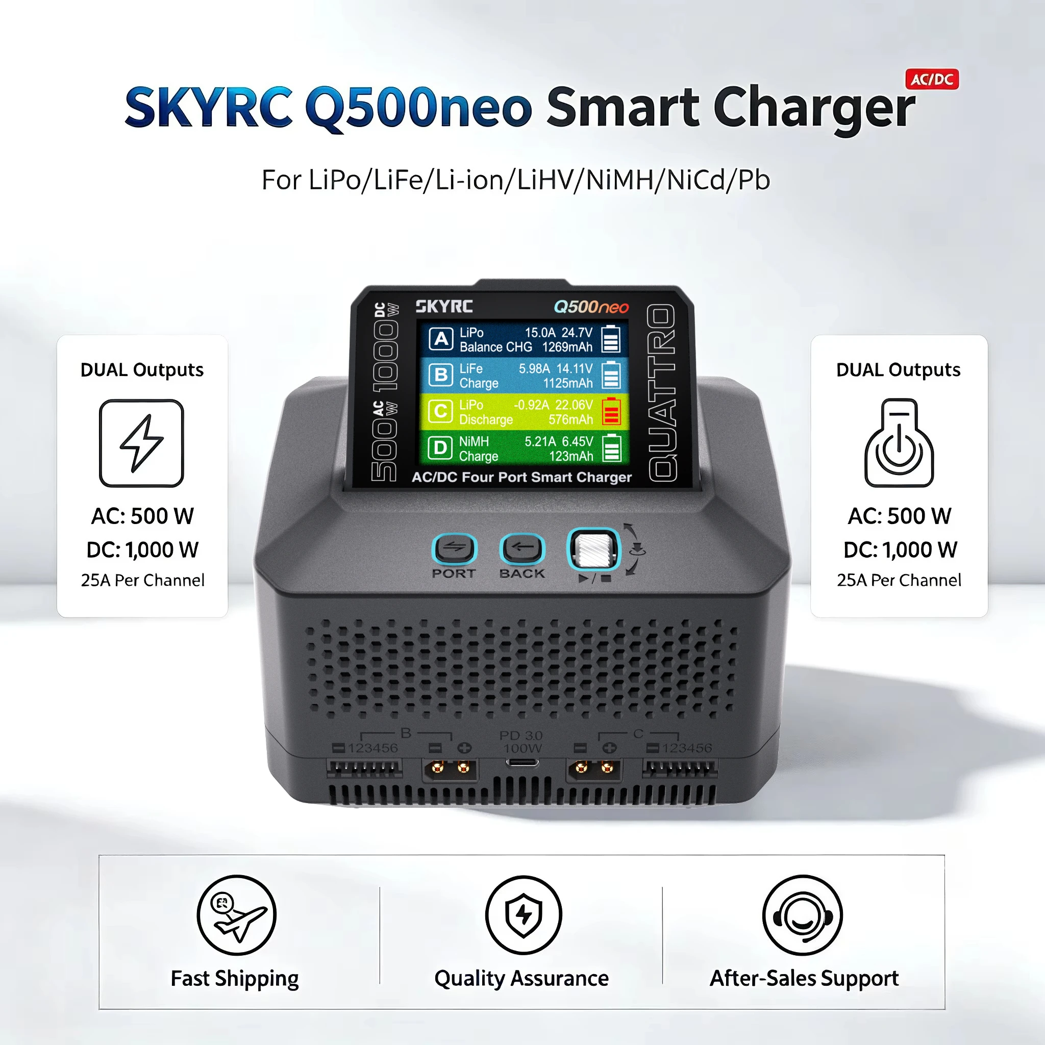 SKYRC Q500neo Four‑channel Smart AC/DC Charger 25A 500W Discharge Adjustable Power Supply for LiPo LiFe Li‑ion LiHV NiMH NiCd Pb