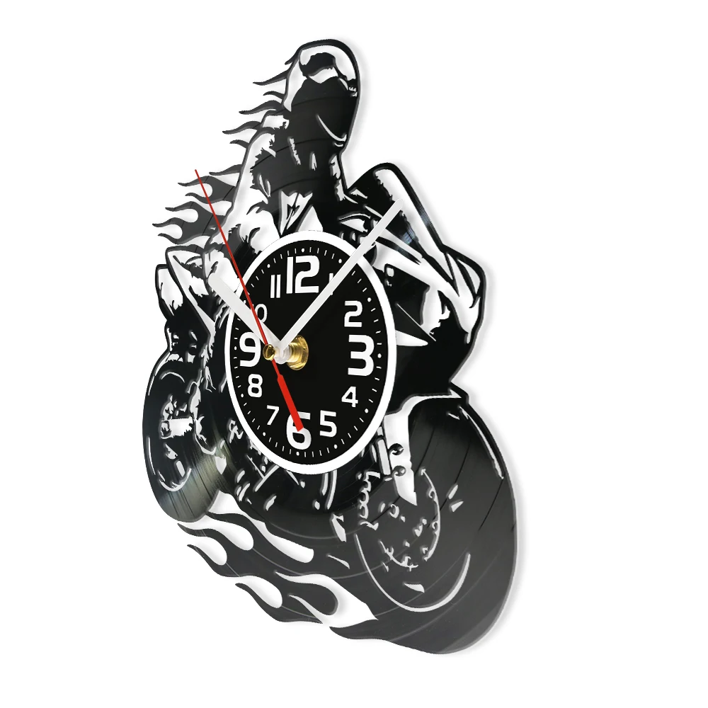 Motorcycle Racer Vinyl Record Wall Clock Silent Non‑Ticking Sport Bike Rider Vintage Wall Art For Man Cave Garage Home Ornament