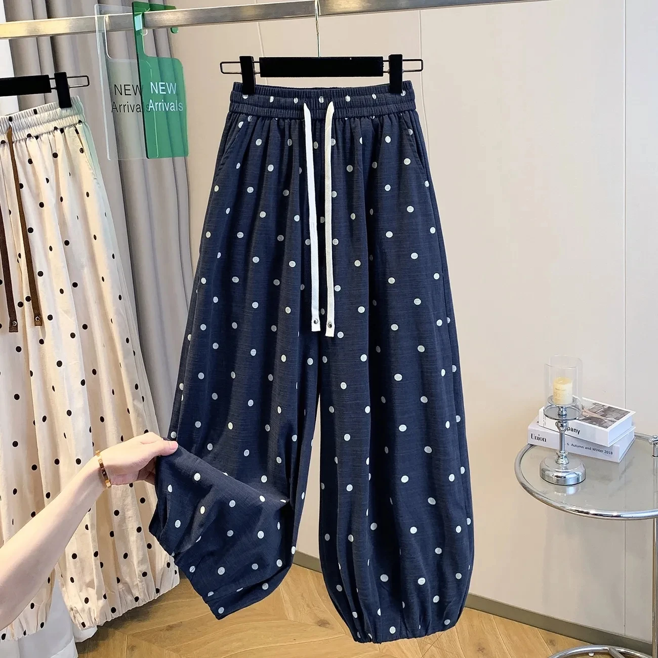 2026 summer cotton linen polka dot trousers Women's Loose Wide leg versatile nine point Harem Pants Korean version Lantern Pants