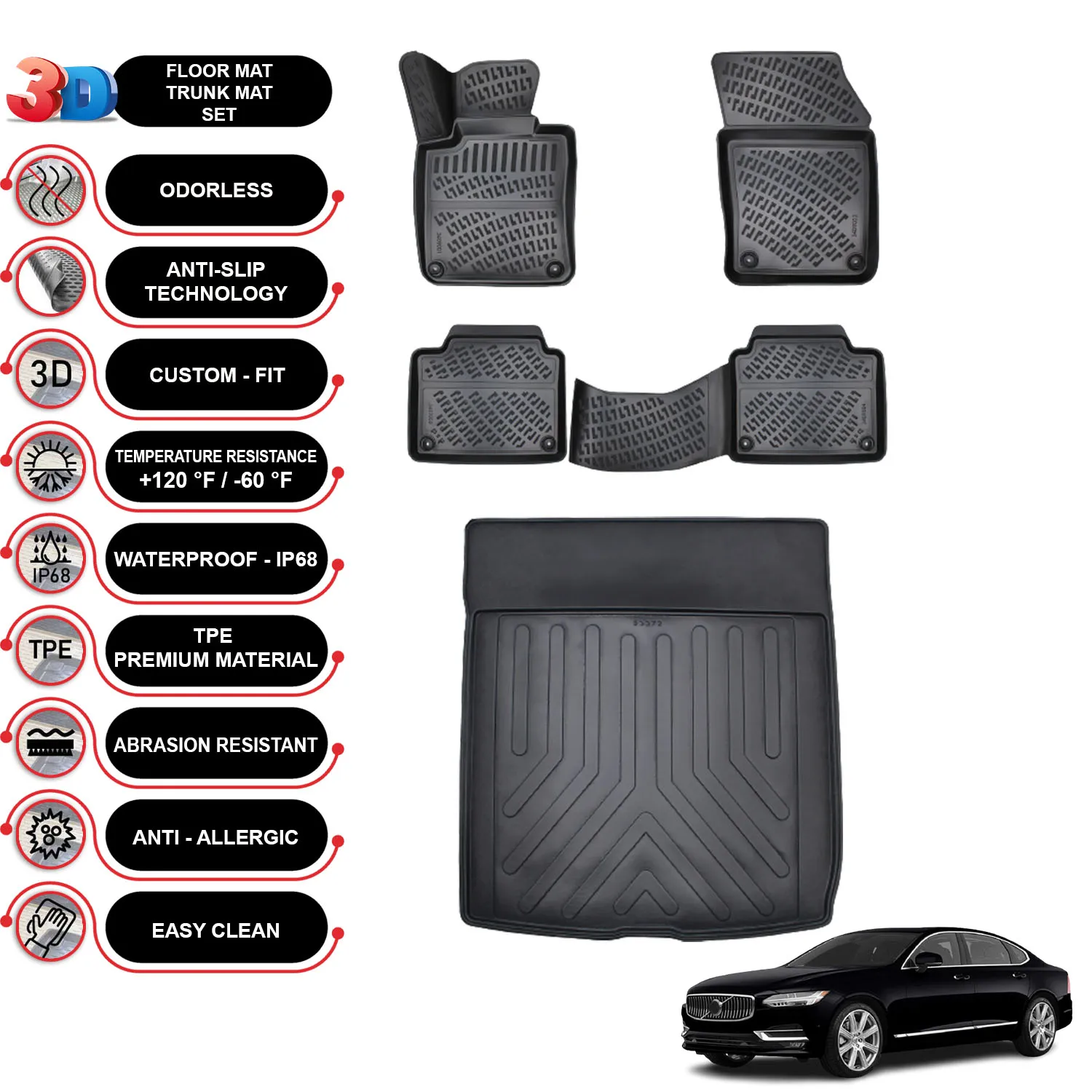 Volvo S90 - (2016-2023) - Floor Mats + Cargo Trunk Liner - SET - (Black)