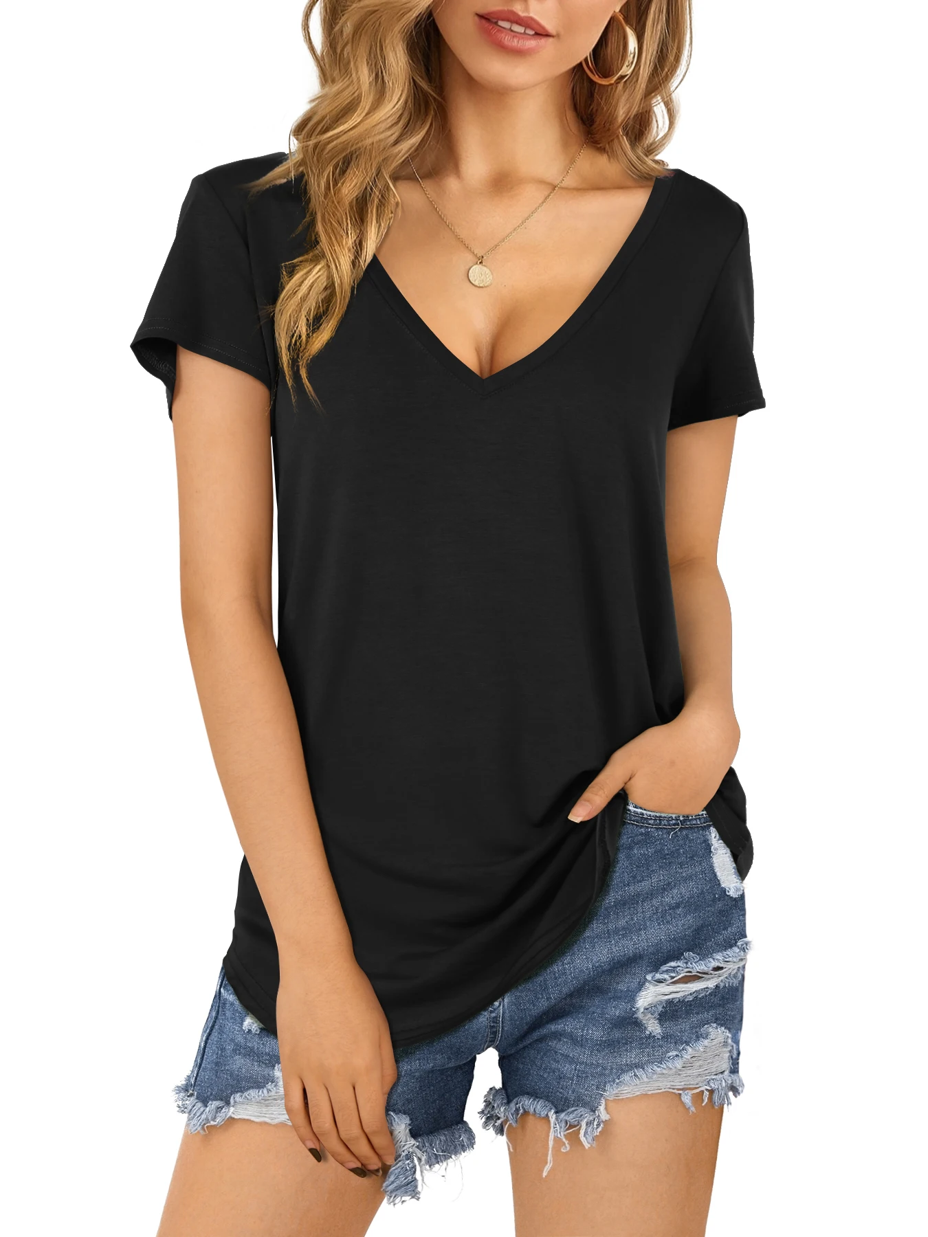 JYLFC Women's Large V-Neck Fashionable Rounded Hem Black T-Shirt