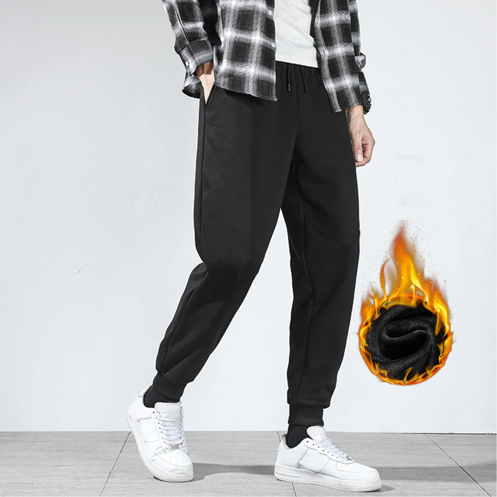 Men's Sweatpants Elastic Drawstring High Waist Solid Color Track Cuff Fleece Lined Winter Pants with