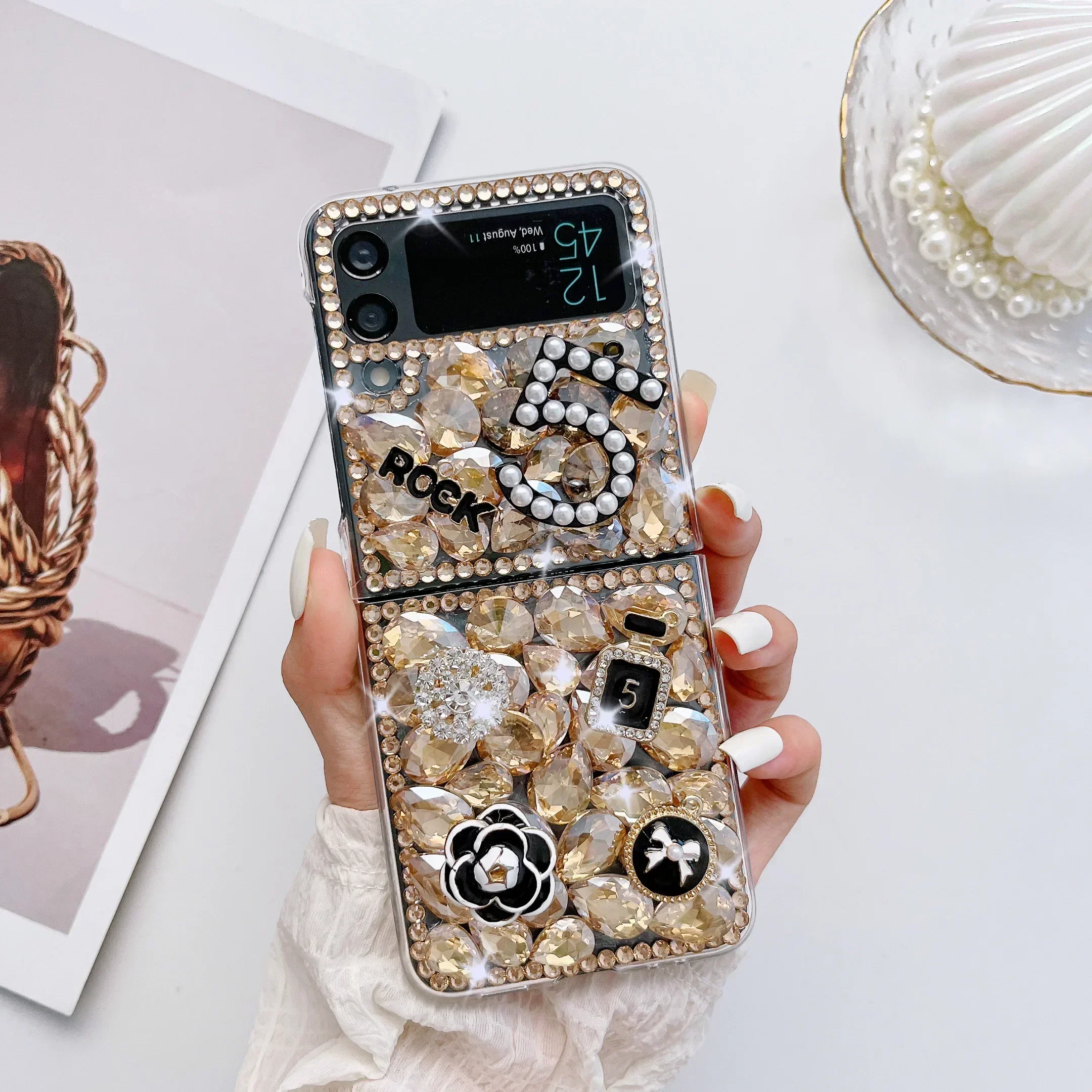 삼성 갤럭시 Z 플립 6 5 4 3 2 럭셔리 다이아몬드 꽃용 크리스탈 진주 휴대폰 케이스
