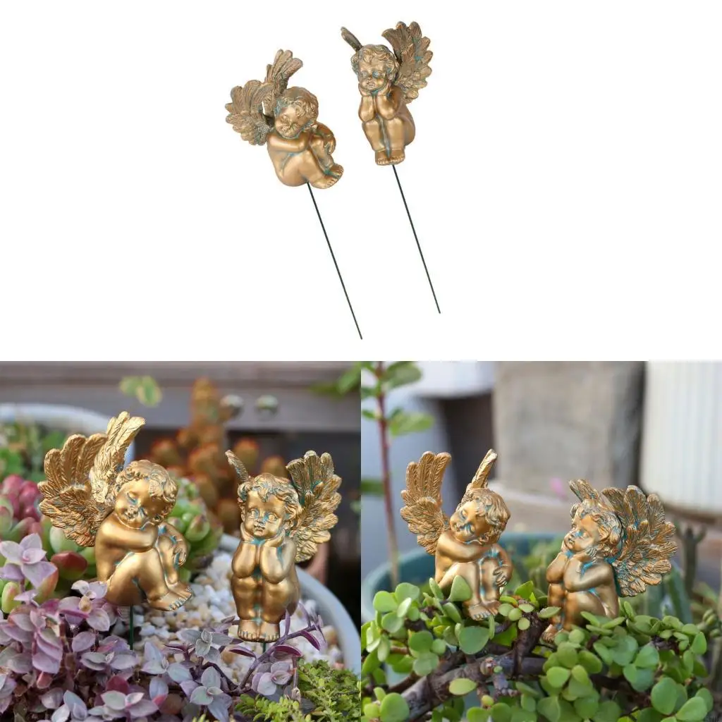 2-個のエレガントなスタイルの樹脂天使の置物屋内屋外植木鉢の装飾に最適-87ha