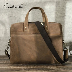 CONTACT'S Genuine Leather Men Briefcase Vintage Large Laptop Bag for 14 Inch Shoulder Messenger Bags Male Business Tote Handbag