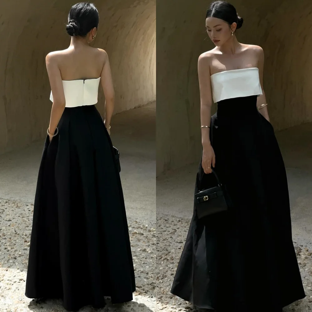 

Customized Soft Black Satin Evening Dress Temperament Strapless Sleeveless Homecoming Dresses Fashion Special Occasion Gowns