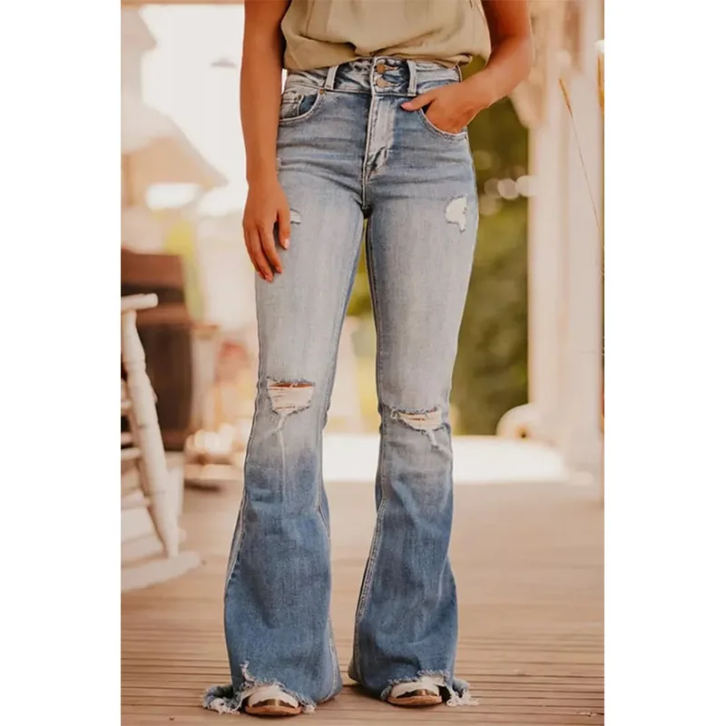 Women Flare Pants Hole Jeans Stretch High Waist Boot Cut Vintage Denims Washed Distressed Trousers Streetwear Floor Length